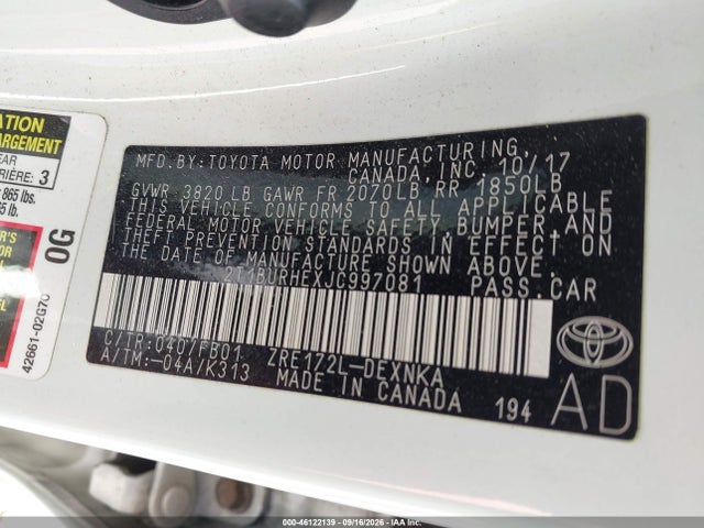 46122139 :رقم المزاد ، 2T1BURHEXJC997081 vin ، 2018 Toyota Corolla Le مزاد بيع