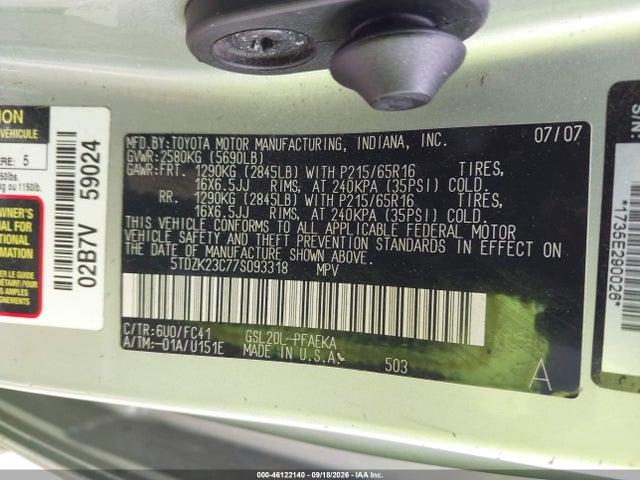 Aukcja sprzedaży 2007 Toyota Sienna Le, vin: 5TDZK23C77S093318, numer aukcji: 46122140