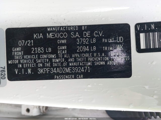 Продаж на аукціоні авто 2021 Kia Forte Gt-line, vin: 3KPF34AD2ME392471, номер лоту: 46122144