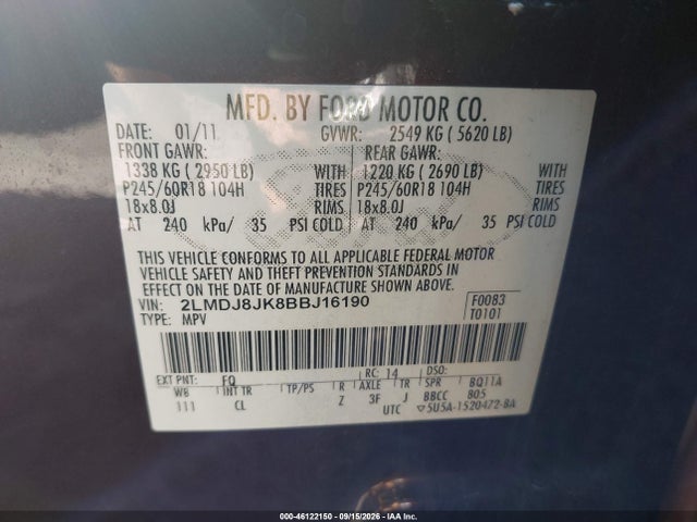 46122150 :رقم المزاد ، 2LMDJ8JK8BBJ16190 vin ، 2011 Lincoln Mkx مزاد بيع