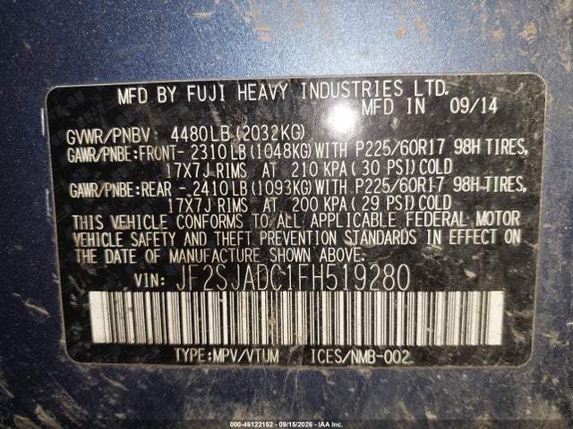 Продаж на аукціоні авто 2015 Subaru Forester 2.5i Premium, vin: JF2SJADC1FH519280, номер лоту: 46122152