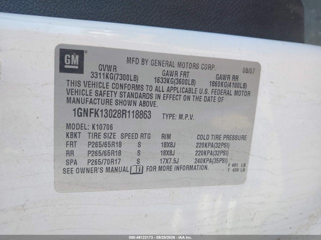 Aukcja sprzedaży 2008 Chevrolet Tahoe Lt, vin: 1GNFK13028R118863, numer aukcji: 46122173