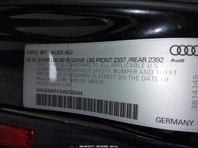 Aukcja sprzedaży 2017 Audi A4 2.0t Season Of Audi Ultra Premium, vin: WAUKMAF43HN038444, numer aukcji: 46122177