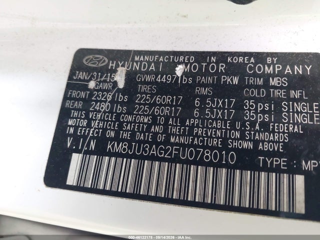 Продаж на аукціоні авто 2015 Hyundai Tucson Se, vin: KM8JU3AG2FU078010, номер лоту: 46122178