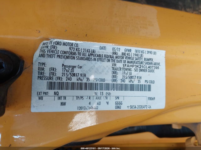Продажа на аукционе авто 2012 Ford Focus Se, vin: 1FAHP3K21CL407395, номер лота: 46122181