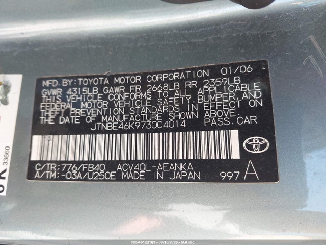 Продажа на аукционе авто 2007 Toyota Camry Le, vin: JTNBE46K973004014, номер лота: 46122183