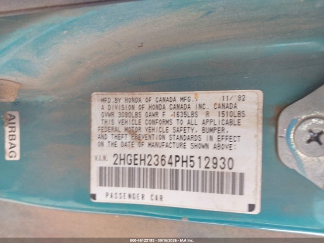 46122193 :رقم المزاد ، 2HGEH2364PH512930 vin ، 1993 Honda Civic Dx مزاد بيع