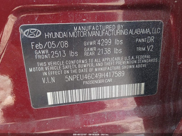 Продажа на аукционе авто 2009 Hyundai Sonata Limited, vin: 5NPEU46C49H417589, номер лота: 46122197