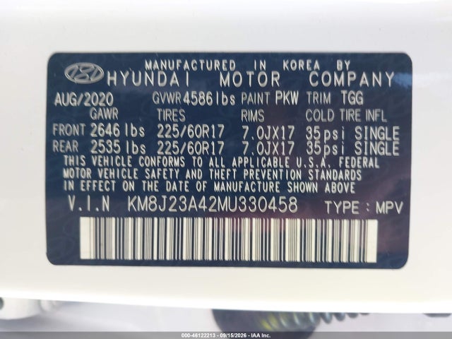 Aukcja sprzedaży 2021 Hyundai Tucson Se, vin: KM8J23A42MU330458, numer aukcji: 46122213