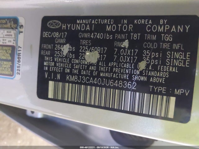 Aukcja sprzedaży 2018 Hyundai Tucson Sel, vin: KM8J3CA40JU648362, numer aukcji: 46122221