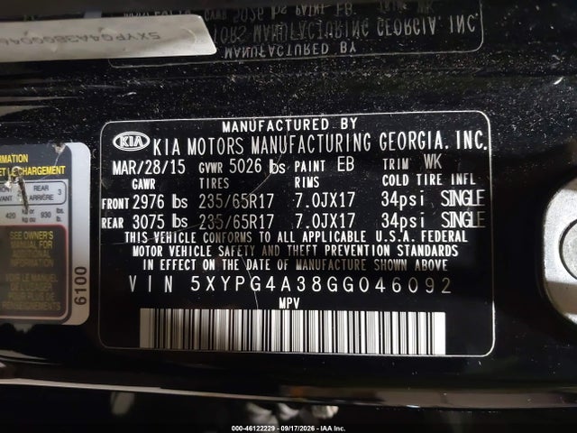 Aukcja sprzedaży 2016 Kia Sorento 2.4l L, vin: 5XYPG4A38GG046092, numer aukcji: 46122229