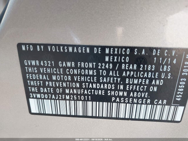 2015 Volkswagen Jetta 1.8t Se მანქანა იყიდება აუქციონზე, vin: 3VWD07AJ2FM251011, აუქციონის ნომერი: 46122231
