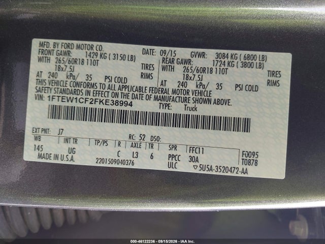 Продаж на аукціоні авто 2015 Ford F-150 Xlt, vin: 1FTEW1CF2FKE38994, номер лоту: 46122236