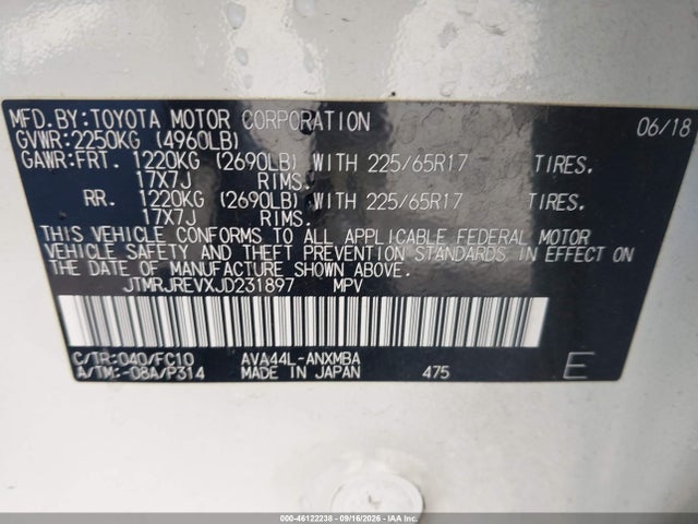Продаж на аукціоні авто 2018 Toyota Rav4 Hybrid Le, vin: JTMRJREVXJD231897, номер лоту: 46122238