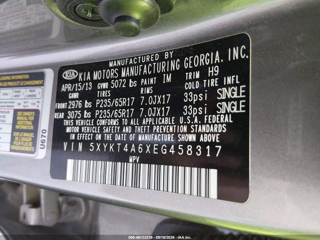 Продаж на аукціоні авто 2014 Kia Sorento Lx, vin: 5XYKT4A6XEG458317, номер лоту: 46122239