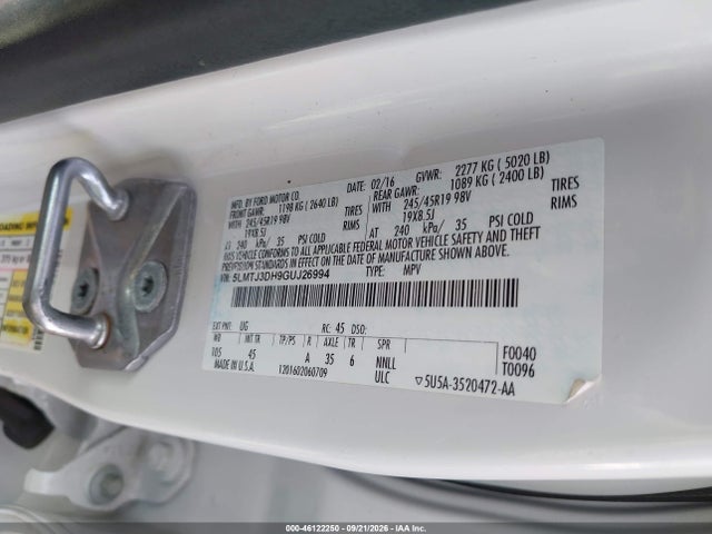 Aukcja sprzedaży 2016 Lincoln Mkc Reserve, vin: 5LMTJ3DH9GUJ26994, numer aukcji: 46122250