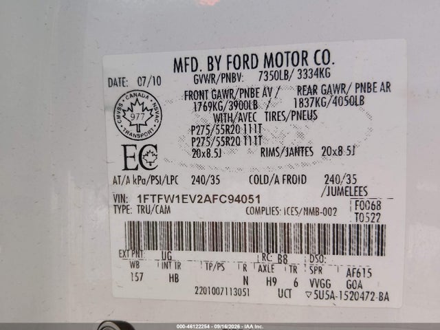 Продажа на аукционе авто 2010 Ford F-150 Fx4/harley-davidson/king Ranch/lariat/platinum/xl/xlt, vin: 1FTFW1EV2AFC94051, номер лота: 46122254
