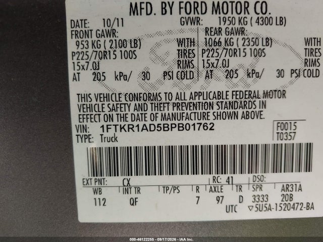 2011 Ford Ranger Xl მანქანა იყიდება აუქციონზე, vin: 1FTKR1AD5BPB01762, აუქციონის ნომერი: 46122255