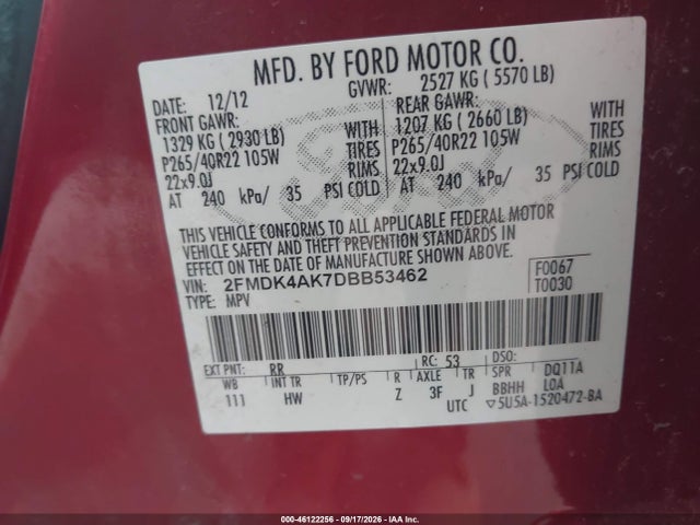 Aukcja sprzedaży 2013 Ford Edge Sport, vin: 2FMDK4AK7DBB53462, numer aukcji: 46122256