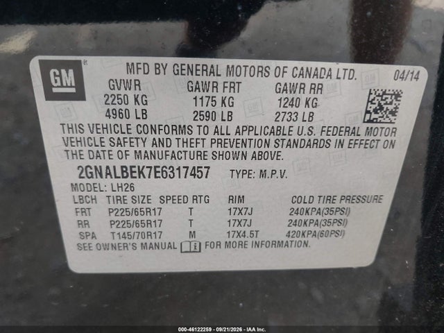 Aukcja sprzedaży 2014 Chevrolet Equinox 1lt, vin: 2GNALBEK7E6317457, numer aukcji: 46122259