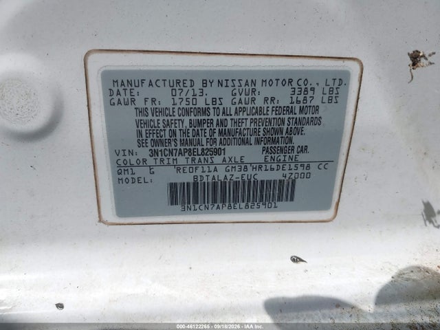 2014 Nissan Versa 1.6 S+ მანქანა იყიდება აუქციონზე, vin: 3N1CN7AP8EL825901, აუქციონის ნომერი: 46122265