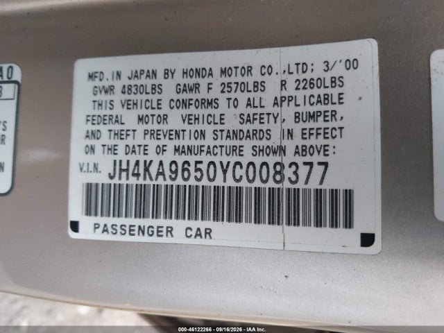 Aukcja sprzedaży 2000 Acura Rl 3.5, vin: JH4KA9650YC008377, numer aukcji: 46122266
