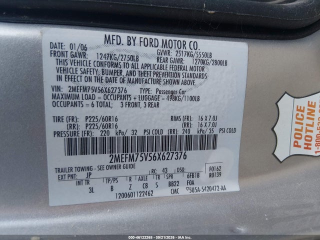 Продаж на аукціоні авто 2006 Mercury Grand Marquis Ls, vin: 2MEFM75V56X627376, номер лоту: 46122268