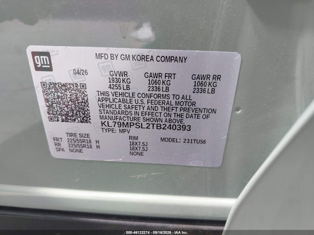 Продажа на аукционе авто 2026 Chevrolet Trailblazer Fwd Lt, vin: KL79MPSL2TB240393, номер лота: 46122274