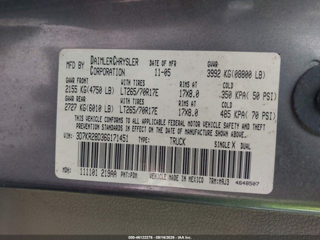 46122276 :رقم المزاد ، 3D7KR28D36G171451 vin ، 2006 Dodge Ram 2500 Slt/sport مزاد بيع
