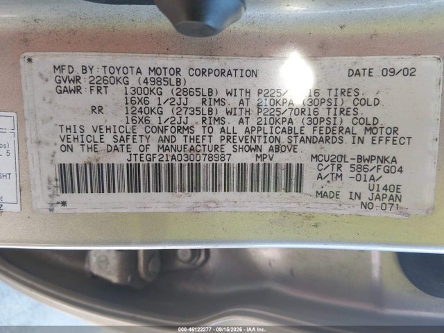 Продаж на аукціоні авто 2003 Toyota Highlander V6, vin: JTEGF21A030078987, номер лоту: 46122277