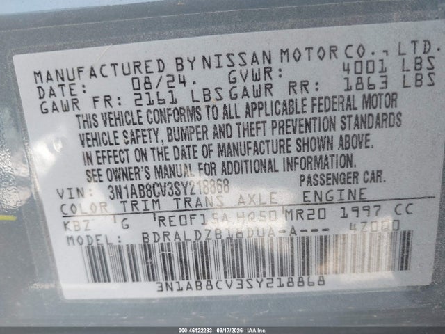 46122283 :رقم المزاد ، 3N1AB8CV3SY218868 vin ، 2025 Nissan Sentra Sv مزاد بيع