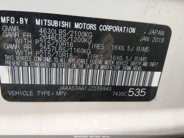 46122289 :رقم المزاد ، JA4AS3AA1JZ039940 vin ، 2018 Mitsubishi Eclipse Cross Es مزاد بيع