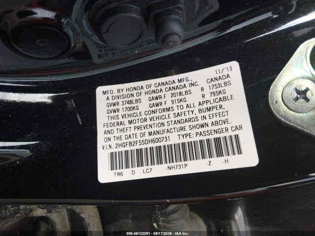 Продаж на аукціоні авто 2013 Honda Civic Lx, vin: 2HGFB2F55DH600731, номер лоту: 46122291