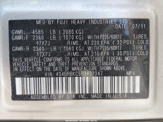 Продажа на аукционе авто 2011 Subaru Outback 2.5i Limited, vin: 4S4BRBKC5B3437247, номер лота: 46122302