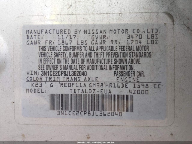 46122321 :رقم المزاد ، 3N1CE2CP8JL362040 vin ، 2018 Nissan Versa Note Sv مزاد بيع