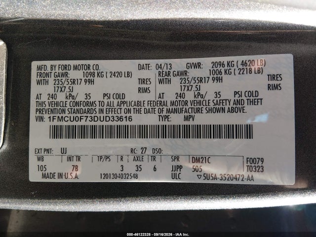 46122328 :رقم المزاد ، 1FMCU0F73DUD33616 vin ، 2013 Ford Escape S مزاد بيع