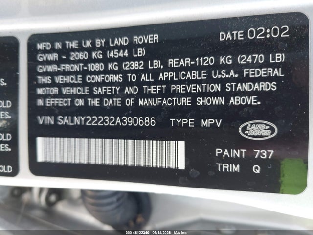 Aukcja sprzedaży 2002 Land Rover Freelander Se, vin: SALNY22232A390686, numer aukcji: 46122340