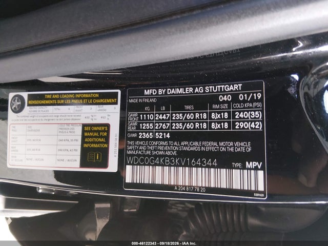 2019 Mercedes-benz Glc 300 4matic მანქანა იყიდება აუქციონზე, vin: WDC0G4KB3KV164344, აუქციონის ნომერი: 46122343