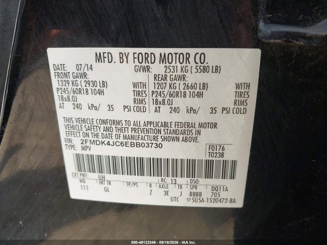 2014 Ford Edge Sel მანქანა იყიდება აუქციონზე, vin: 2FMDK4JC6EBB03730, აუქციონის ნომერი: 46122346