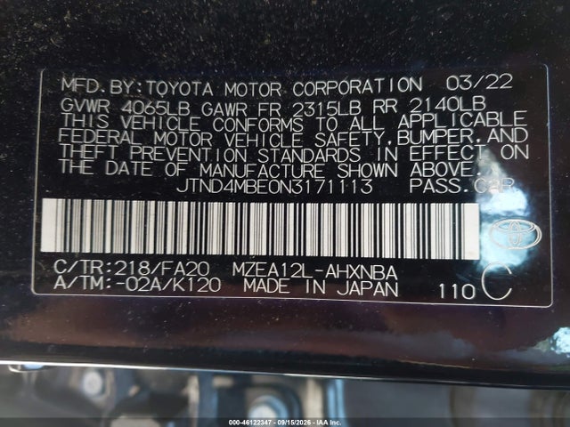 Продаж на аукціоні авто 2022 Toyota Corolla Se Nightshade Edition, vin: JTND4MBE0N3171113, номер лоту: 46122347
