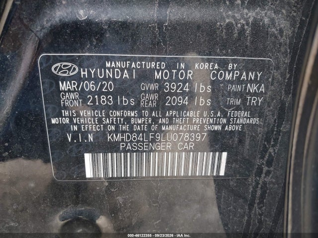 Aukcja sprzedaży 2020 Hyundai Elantra Value Edition, vin: KMHD84LF9LU078397, numer aukcji: 46122355