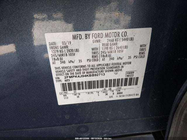 Продажа на аукционе авто 2019 Ford Edge Sel, vin: 2FMPK4J94KBB92713, номер лота: 46122358