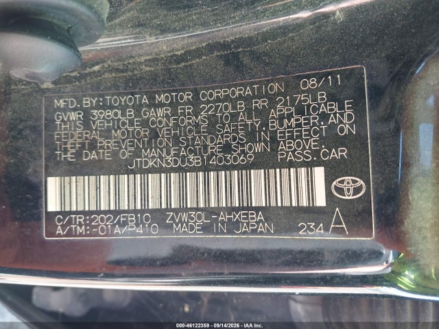 Aukcja sprzedaży 2011 Toyota Prius Two, vin: JTDKN3DU3B1403069, numer aukcji: 46122359