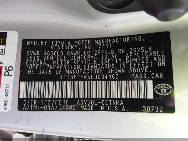 Aukcja sprzedaży 2012 Toyota Camry Le, vin: 4T1BF1FK5CU034160, numer aukcji: 46122364
