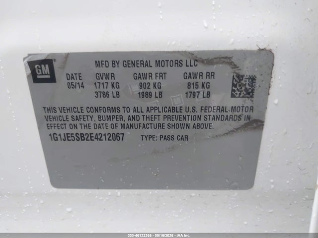 46122366 :رقم المزاد ، 1G1JE5SB2E4212067 vin ، 2014 Chevrolet Sonic Ltz Auto مزاد بيع
