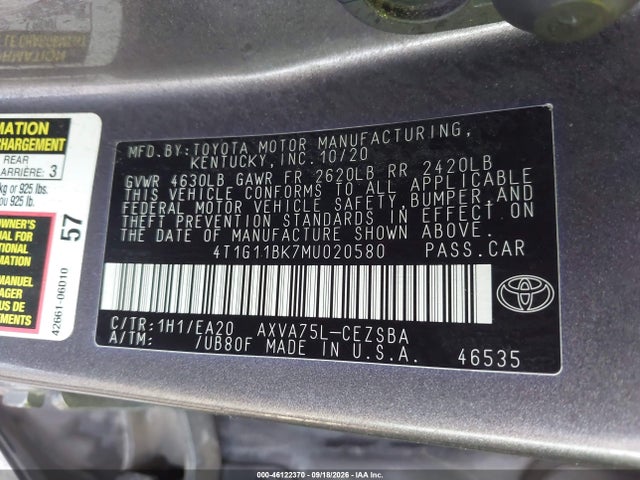 Продажа на аукционе авто 2021 Toyota Camry Se Awd, vin: 4T1G11BK7MU020580, номер лота: 46122370