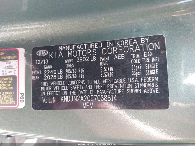 2014 Kia Soul მანქანა იყიდება აუქციონზე, vin: KNDJN2A20E7038814, აუქციონის ნომერი: 46122371