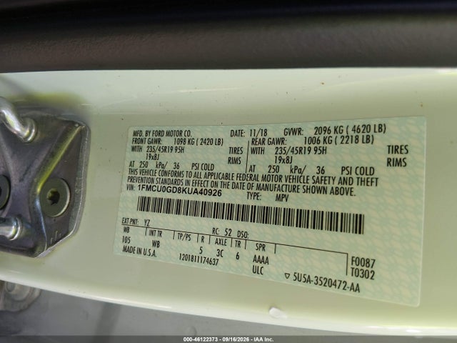 46122373 :رقم المزاد ، 1FMCU0GD8KUA40926 vin ، 2019 Ford Escape Se مزاد بيع
