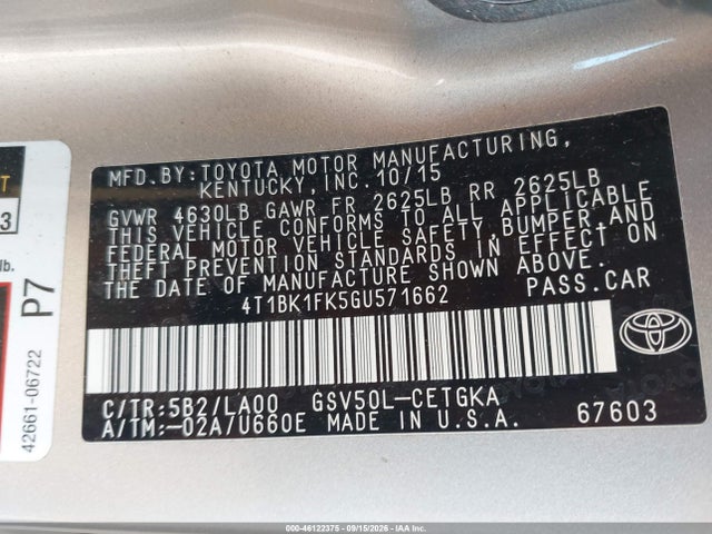 2016 Toyota Camry Xle V6 მანქანა იყიდება აუქციონზე, vin: 4T1BK1FK5GU571662, აუქციონის ნომერი: 46122375