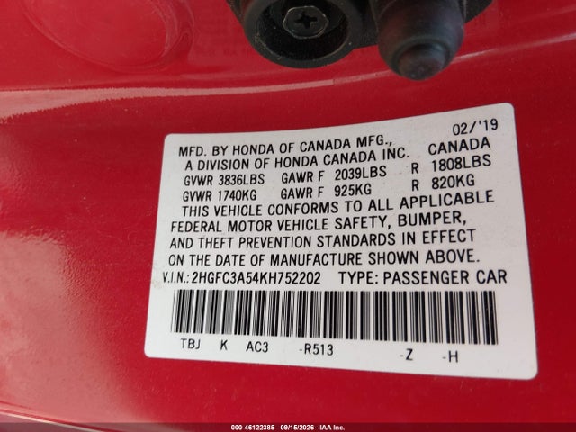 46122385 :رقم المزاد ، 2HGFC3A54KH752202 vin ، 2019 Honda Civic Si مزاد بيع